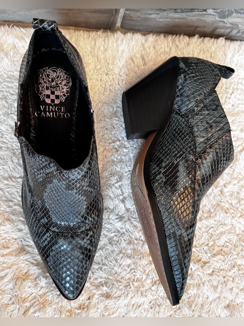 Vince Camuto Black Snake-Embossed Pointed Heel Ankle Boots